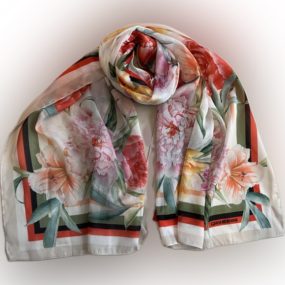 🌸🪷GIANI BERNINI Signature Tropical Hibiscus Floral Print Scarf—Est. 25.5”x 71” - Picture 13 of 16